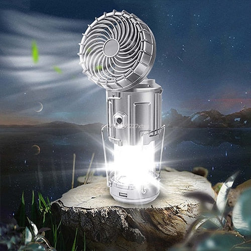 6 in 1 Portable Outdoor LED Camping Lantern With Fan Solar Charge