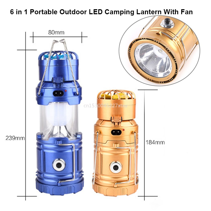 6 in 1 Portable Outdoor LED Camping Lantern With Fan Solar Charge