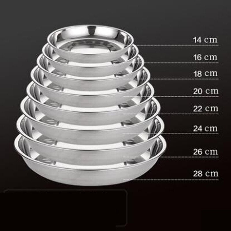 5pcs Camping 14-28cm Dia Stainless Steel Tableware Dinner Plate Food Container Salad Dessert Fruit Services Dish Tray