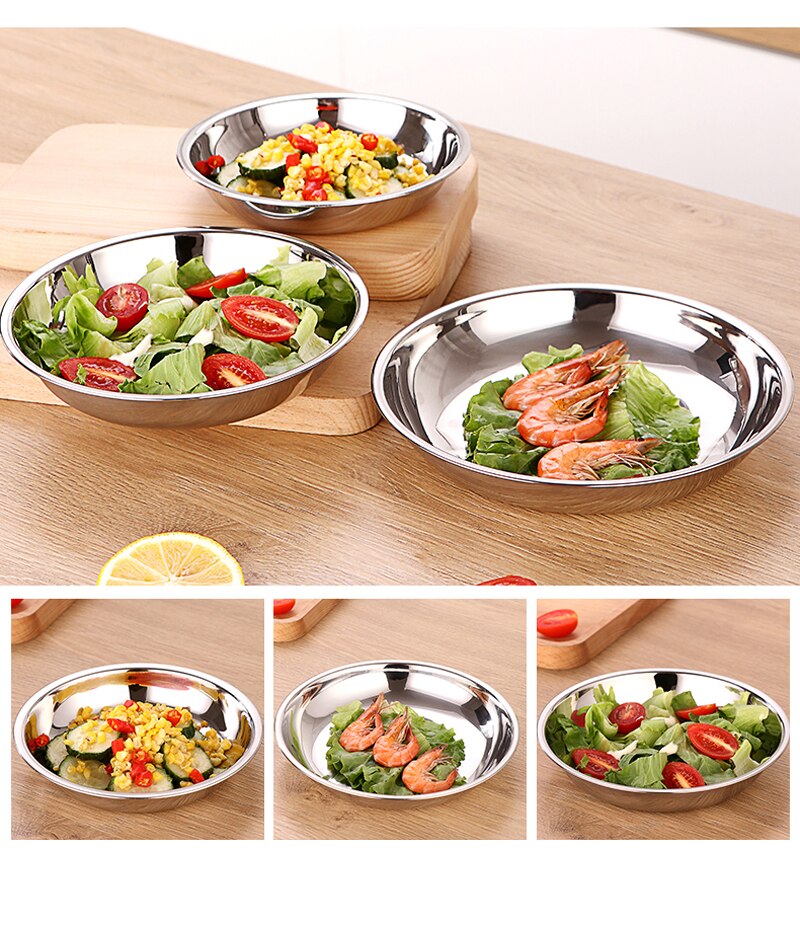 5pcs Camping 14-28cm Dia Stainless Steel Tableware Dinner Plate Food Container Salad Dessert Fruit Services Dish Tray